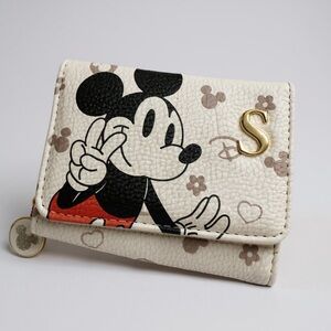 Disney Mickey Mouse Faux Leather Tri Fold Wallet Coin Purse Gold Letter S